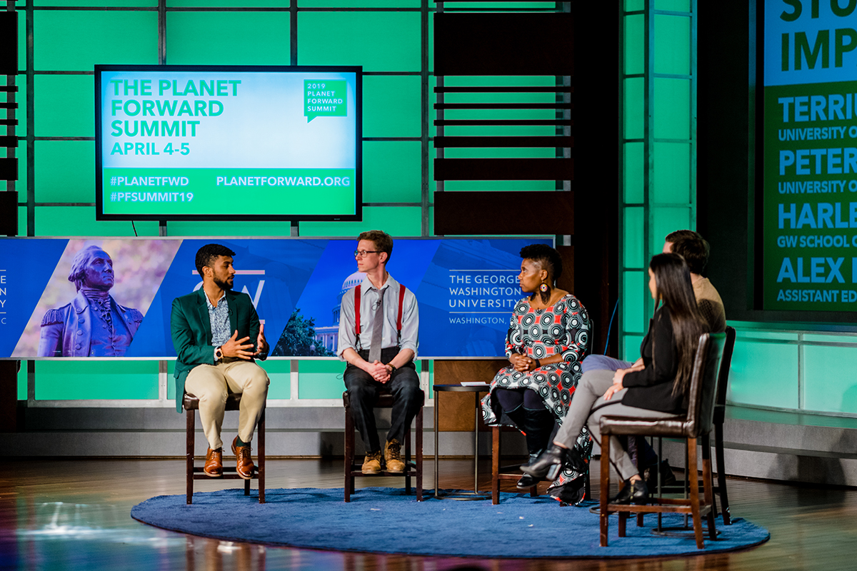 Students share insight into how they became storytellers for the planet. From left: Terrius Harris, University of Mississippi; Peter Jurich, University of Wisconsin-Madison; Dr. Imani Cheers; Alex Rubenstein, Assistant Editor at Freethink Media; and Harleen Marwah, GW School of Medicine.